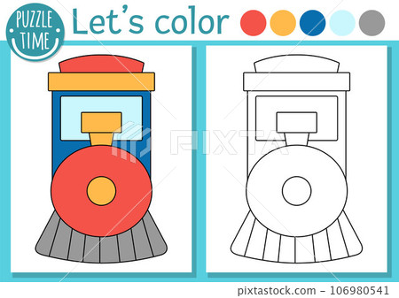 Transportation coloring page for children with engine. Vector water transport outline illustration with cute steam train. Color book for kids with colored example. Drawing skills printable worksheet 106980541