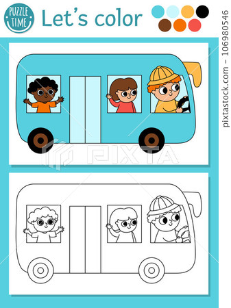Transportation coloring page for children with bus, driver, passengers. Vector water transport outline illustration. Color book for kids with colored example. Drawing skills printable worksheet Transportation coloring page for children with bus, driver, passengers. Vector water transport outline illustration. Color book for kids with colored example. Drawing skills printable worksheet 106980546