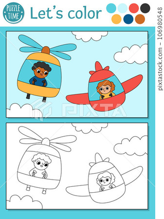 Transportation coloring page for children with plane, helicopter, pilots. Vector water transport outline illustration. Color book for kids with colored example. Drawing skills printable worksheet 106980548