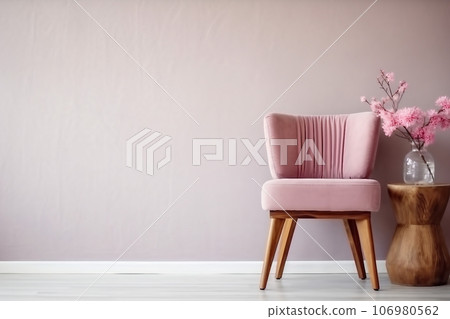 Cute pink flowers in glass vase placed on wooden table standing by small chair 106980562