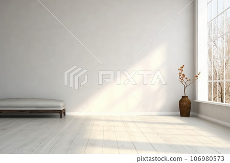 Cute pink flowers in glass vase placed on wooden table standing by small chair 106980573