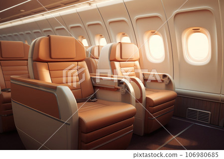 Empty passenger seats in cabin of the aircraft. Plane interior. Generative AI 106980685