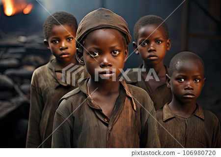 A group of African American children in dirty clothes stands in the middle of a bombed-out street and looking at camera. 106980720