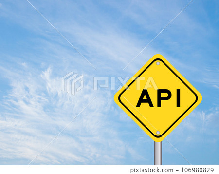Yellow transportation sign with word API (Abbreviation of Application programming interface or Active pharmaceutical ingredient) on blue color sky background Yellow transportation sign with word API (Abbreviation of Application programming interface or Active pharmaceutical ingredient) on blue color sky background 106980829