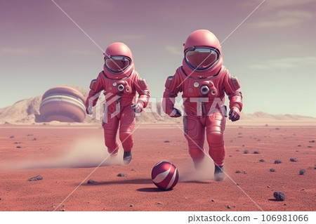 An astronauts playing football on planet.Created with Generative AI technology. 106981066