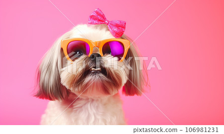 Cute and funny Shih tzu in trendy sunglass on isolated background.animal summer holiday concept.Created with Generative AI technology 106981231