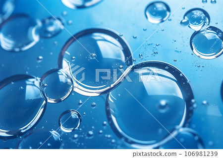 Close up of water with bubbles on a blue background for cosmetic background.Created with Generative AI technology. 106981239