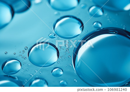 Close up of water with bubbles on a blue background for cosmetic background.Created with Generative AI technology. Close up of water with bubbles on a blue background for cosmetic background.Created with Generative AI technology. 106981240