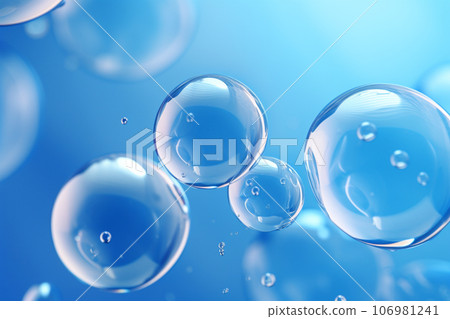 Close up of water with bubbles on a blue background for cosmetic background.Created with Generative AI technology. 106981241