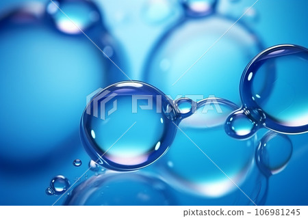 Close up of water with bubbles on a blue background for cosmetic background.Created with Generative AI technology. 106981245