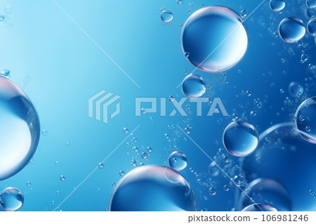 Close up of water with bubbles on a blue background for cosmetic background.Created with Generative AI technology. 106981246