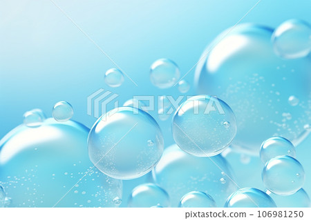 Close up of water with bubbles on a blue background for cosmetic background.Created with Generative AI technology. 106981250