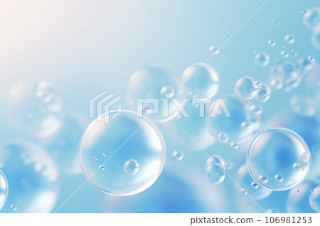 Close up of water with bubbles on a blue background for cosmetic background.Created with Generative AI technology. 106981253