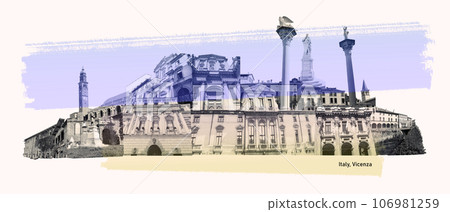 Italy, Vicenza cityscape. Travel city landmark, outline collage or art design Italy, Vicenza cityscape. Travel city landmark, outline collage or art design 106981259