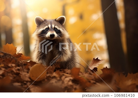 Cute Raccoon in the autumn forest with autumn leaves.Created with Generative AI technology. 106981410