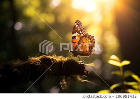 Macro photography, butterflies in the flowers with morning light with copy space.Created with Generative AI technology. 106981432