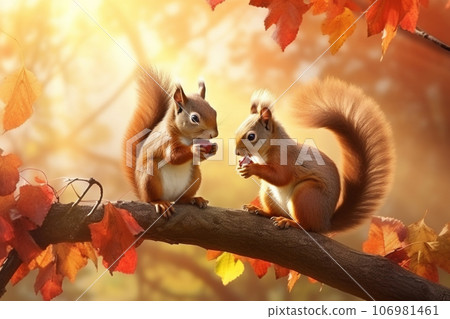 Cute squirrel in the autumn forest with autumn leaves.Created with Generative AI technology. 106981461