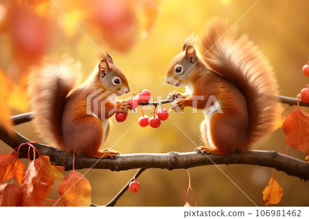 Cute squirrel in the autumn forest with autumn leaves.Created with Generative AI technology. 106981462