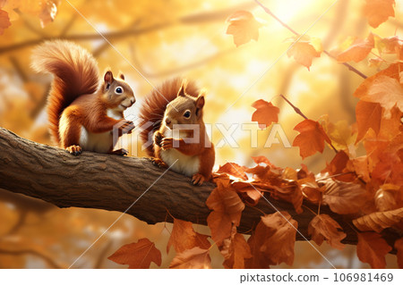 Cute squirrel in the autumn forest with autumn leaves.Created with Generative AI technology. 106981469