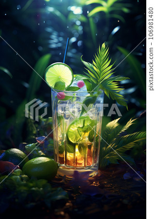 Fresh tropical cocktail with fruits and berries and ice with tropical trees and plants on a dark mystical background. Fresh tropical cocktail with fruits and berries and ice with tropical trees and plants on a dark mystical background. 106981480