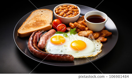 Traditional full English breakfast with fried eggs, sausages, beans, mushrooms, grilled tomatoes and bacon on white plate 106981484