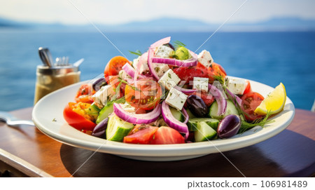 Fresh Greek salad - feta cheese, tomatoes, cucumber, red pepper, black olives and onion on wooden table 106981489