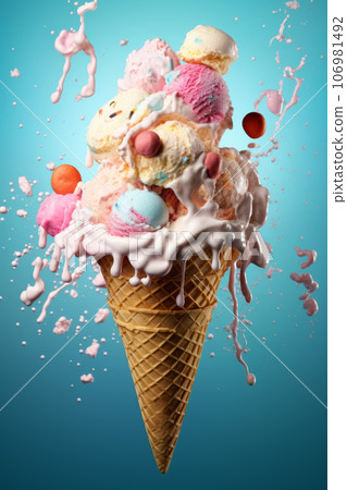 Huge Ice cream cone on blue background close-up 106981492