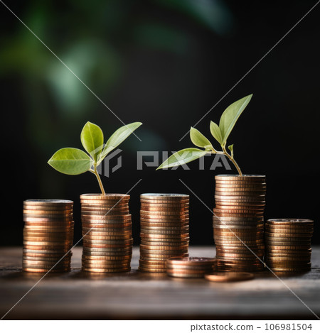 A seedling growing on a pile of coins has a natural backdrop, blurry green, money-saving ideas, and economic growth. 106981504