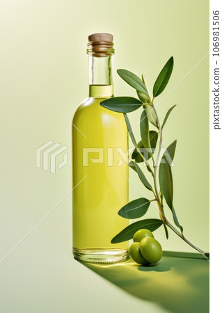 Bottle of olive oil and green olives with leaves on light background 106981506