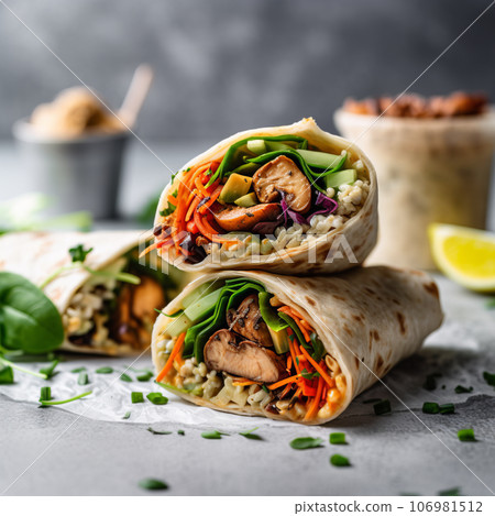 Vegan vegetable wraps, ready to eat, close up Vegan vegetable wraps, ready to eat, close up 106981512