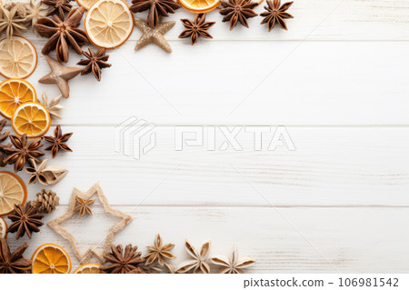 Christmas stars cookies. Making gingerbread cookies for Holidays. Gingerbread dough. Christmas Baking background. Form for cutting gingerbread. Merry Christmas and Happy Holidays, on white wooden 106981542