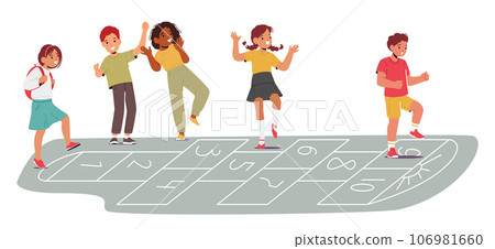 Children Characters Joyfully Hop, Skip, And Jump, Playing Hopscotch On Grid Drawn With Chalk. Laughter Fills The Air 106981660