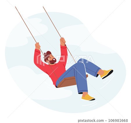 Man Sways On A Swing, His Laughter Echoing Through The Air, As He Enjoys A Carefree Moment Of Pure Joy Man Sways On A Swing, His Laughter Echoing Through The Air, As He Enjoys A Carefree Moment Of Pure Joy 106981668