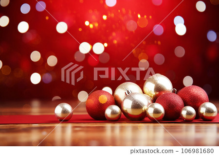 Christmas red toy balls on shiny red festive background. Winter holidays card: Merry Christmas or Happy New Year Christmas red toy balls on shiny red festive background. Winter holidays card: Merry Christmas or Happy New Year 106981680