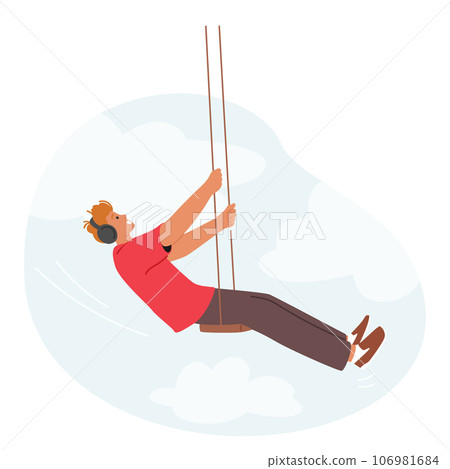 Man Enjoys Swinging On A Playground Swing, Male Character Wear Headphones Feeling The Exhilarating Sensation Man Enjoys Swinging On A Playground Swing, Male Character Wear Headphones Feeling The Exhilarating Sensation 106981684