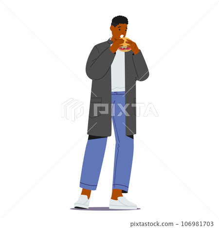 African American Male Character Enjoys A Burger, Savoring Delicious Flavors Of Street Meal Isolated on White Background 106981703