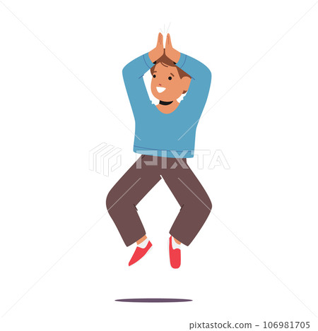 Young Boy Character Claps His Hands And Jump With Infectious Joy, His Eyes Twinkling With Delight, Vector Illustration 106981705