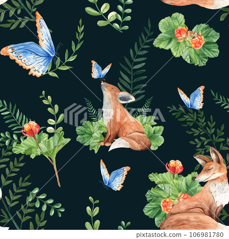 Seamless watercolor pattern with mother and baby fox, cloudberry leaves and berries, fern, green branches, blue butterfly on black background. Botanical summer hand drawn illustration. Can be used for 106981780