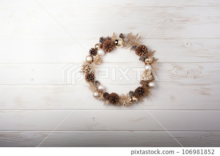 Christmas round frame made of natural winter things on white wooden background. Flat lay . Copy space Christmas round frame made of natural winter things on white wooden background. Flat lay . Copy space 106981852