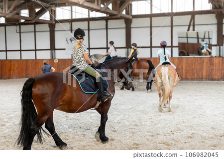 Horse riding school. Little children girls at group training equestrian lessons in indoor ranch horse riding hall. Cute little beginner blond girl kid in helmet sitting on brown horse horseback Horse riding school. Little children girls at group training equestrian lessons in indoor ranch horse riding hall. Cute little beginner blond girl kid in helmet sitting on brown horse horseback 106982045