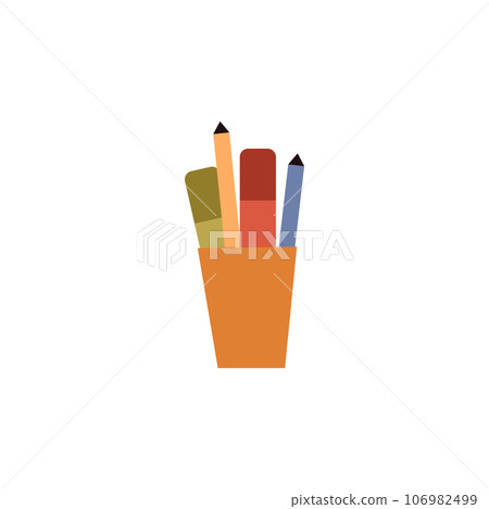 Plastic cup with pens and markers flat style, vector illustration Plastic cup with pens and markers flat style, vector illustration 106982499