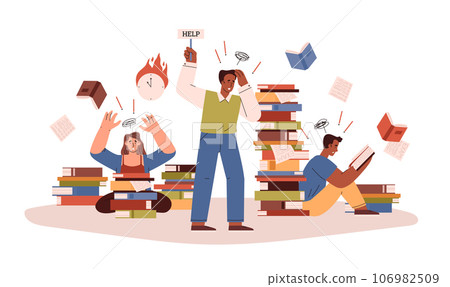 Stressed students preparing for exams, flat vector illustration isolated on white background. Stressed students preparing for exams, flat vector illustration isolated on white background. 106982509