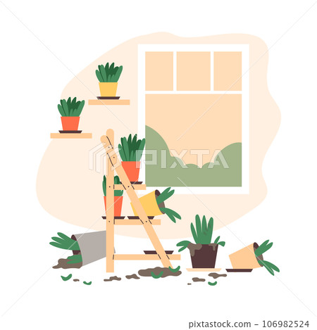 Dirty messy room with broken flower pots, flat vector illustration isolated. Dirty messy room with broken flower pots, flat vector illustration isolated. 106982524