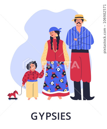 Nomadize gypsies family in traditional clothes portrait, gypsies ethnic tradition and culture vector cartoon poster 106982571