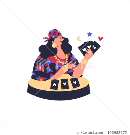 Gypsy woman fortune teller reading future with tarot cards, Gypsies ethnic traditions and culture, vector Romany woman 106982575