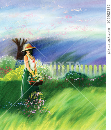 a woman standing in the garden with a basket of flowers a woman standing in the garden with a basket of flowers 106982582