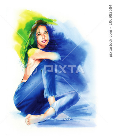 a sitting woman's watercolor a sitting woman's watercolor 106982584
