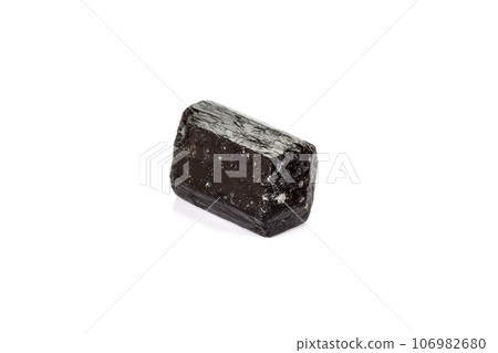 macro mineral stone schorl, black tourmaline on white background 106982680
