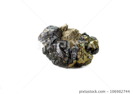 Macro mineral stone  Sphalerite Pyrite on a white background 106982744