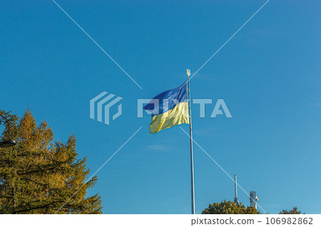 Ukrainian flag against the blue sky 106982862
